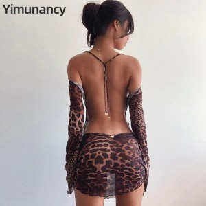 Leopard Print Backless Dress Women Long Sleeve Mesh Dress 2021 Spring Halter Transparent